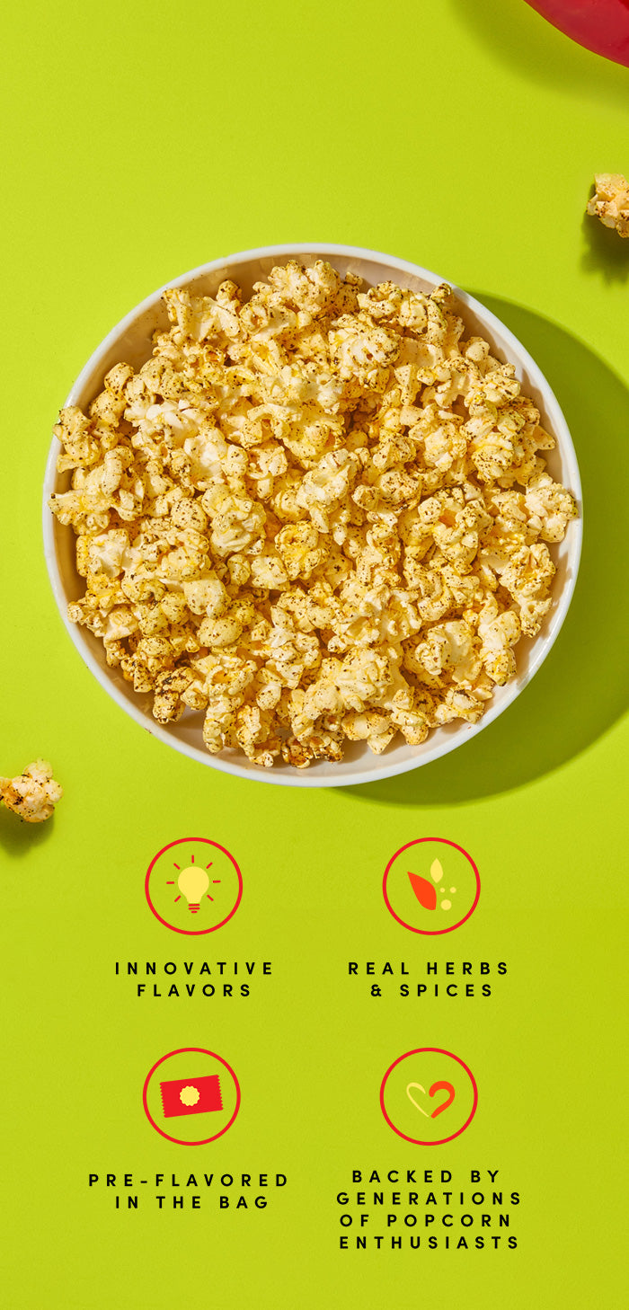 Bowl of Tex Mex Popcorn surrounded by peppers, limes and a bowl of salt on green background with icons depicting "Innovative Flavors", "Real Herbs & Spices", "Pre-Flavored in the Bag" and "Back by Generations of Popcorn Enthusiasts"