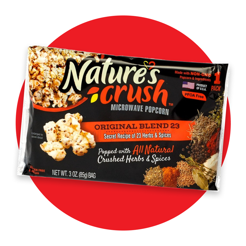 Bag of Origunal Blend 23 popcorn on top of red circle.